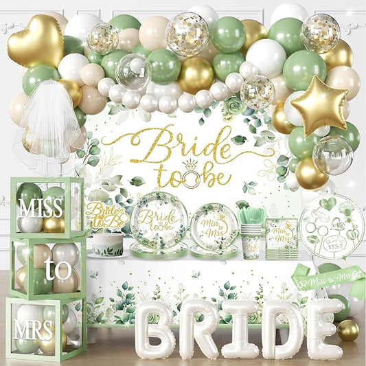 cocomigo 320 PCS Sage Green Bridal Shower Decorations, Hassle-Free One-Stop Set for 25 Guests, With Bride to Be Balloon, Backdrop, Plates and Napkins, Easy Setup for Female Bridal Shower