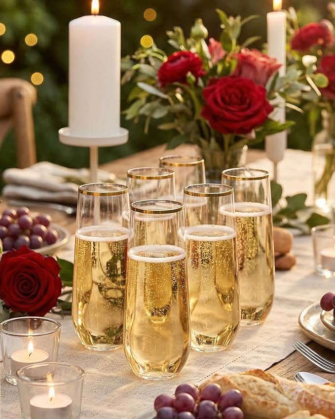 Ciaell 24 Pack Gold Plastic Champagne Flutes - 9 Oz Disposable Champagne Glasses - Stemless Mimosa Glass for Parties & Weddings & Birthdays