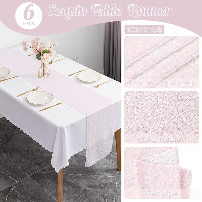 6 Pack Sequin Table Runner Sequin Table Cloths 12" x 72" Sparkle Table Runner for Baby Bridal Shower Wedding Birthday Party Table Decor (Iridescent White)