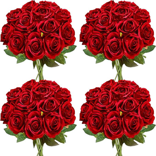 48 PCS Red Roses Artificial Flowers - Fake Silk Floral with Long Stems Bulk for Table Centerpieces DIY Bouquet Arrangements Wedding Party Bridal Shower Vase Decorations