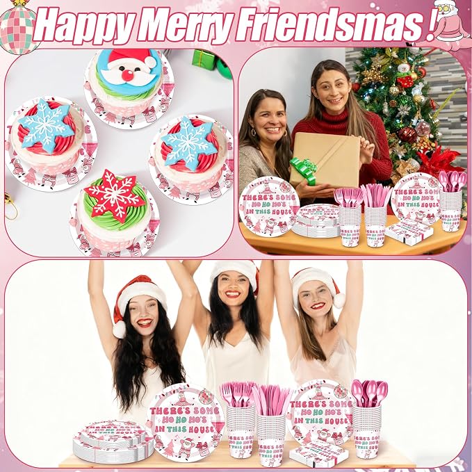168 Pcs Christmas Party Decorations Pink Friendsmas Christmas Party Supplies Santa Claus Xmas Tableware Set Disposable Paper Plates Cups Utensils Serve 24 for Pink Friendsmas Holiday