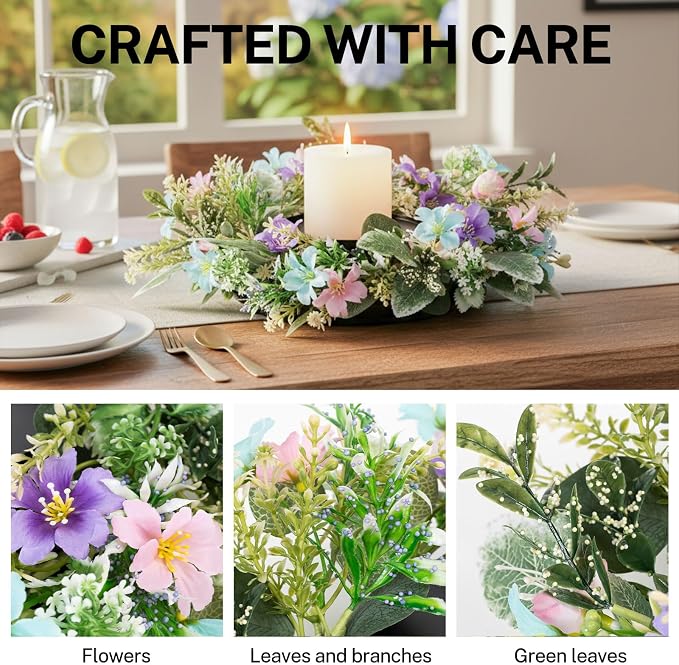 MOYEE Summer Centerpieces for Tables Candle Ring, Black Metal Candlestick with an Artificial Wreaths 14 in Versatile Dining Table Centerpiece Decor (Blue and Purple Flower Wreath)