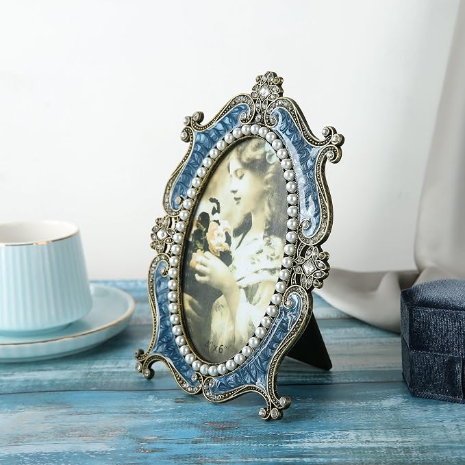 Oval Vintage Picture Frame 4x6 Antique Decor Christmas Ornament Ornate Blue Metal Photo Frame with Glass Front Art Table Top Retro Home Decor Gifts for Birthday Valentines