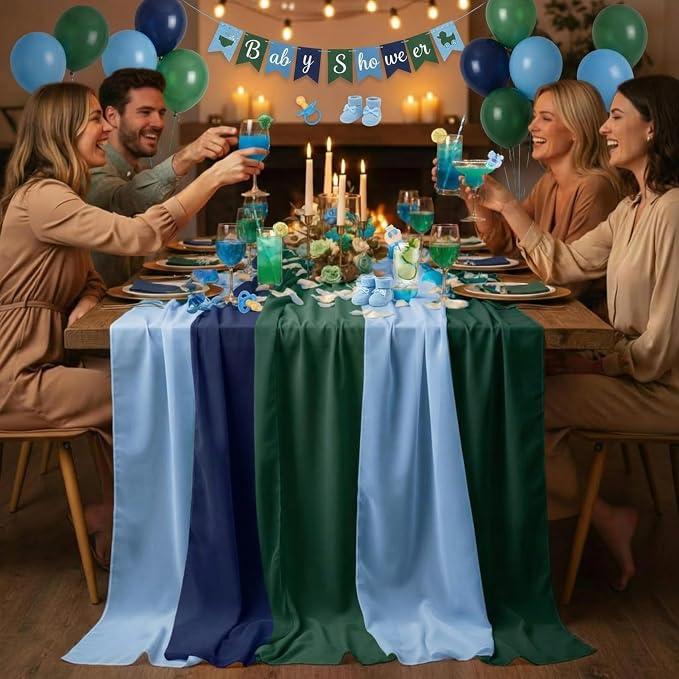 Boao 6 Pcs Blue and Green Party Decorations Table Runner Cloth 10Ft Boho Sheer Rustic Fabric for Wedding Birthday Party Baby Bridal Shower Graduation Dawn Sunset Decor