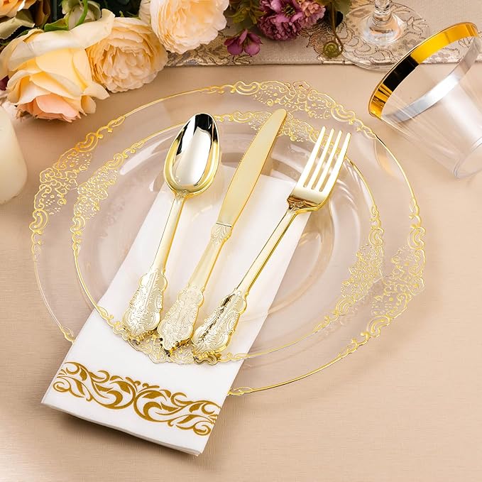 Bestluck 350PCS Clear Gold Plastic Plates for 50 Guests, Disposable Dinnerware Set Includes 100 Clear Disposable Plates, 150 Gold Silverware, 50 Cups, 50 Napkins for Party, Wedding