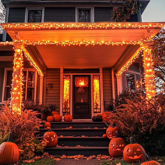 JMEXSUSS 250 LED Orange String Lights, 91.5ft Halloween Lights Plug in | Connectable, 8 Modes, Waterproof, Indoor/Outdoor, Yard Patio Porch Rail Halloween Fall Christmas Holiday Decor