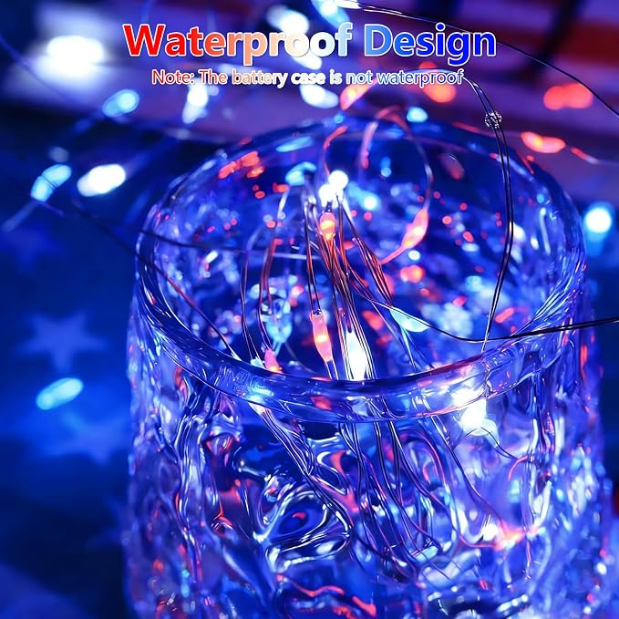 YEGUO 4 Pack Red White and Blue Fairy Lights Battery Operated - 16ft 50 LED 4th of July Twinkle Lights for Independence Day Patio Yard Tree Decorations