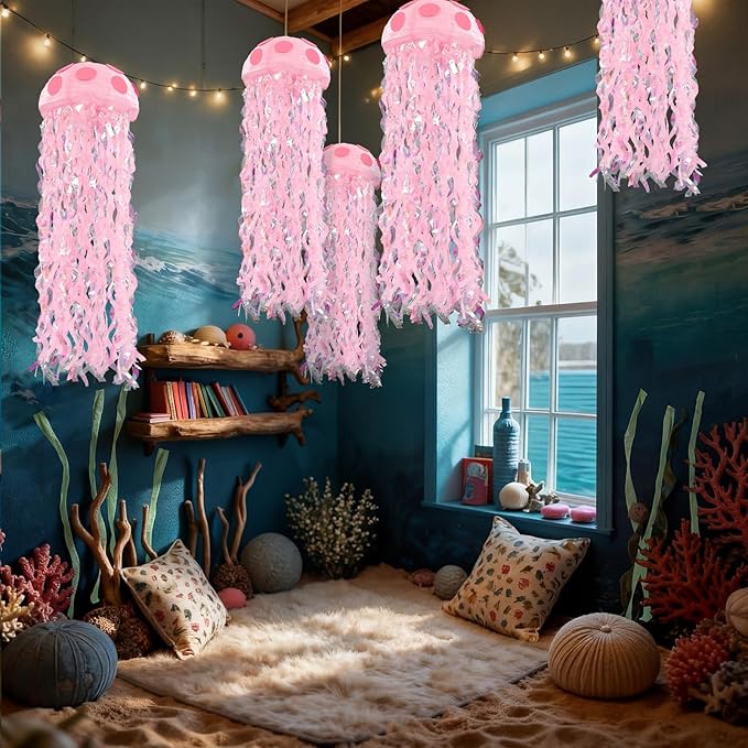 VioraWhite 37 Pcs Cartoon Sponge Party Decorations 6 Pcs 9.8'' Hanging Jellyfish Paper Lanterns with Bubble Garlands Flower Crepe Paper Under The Sea Party Decorations for Mermaid Ocean Birthday Decor