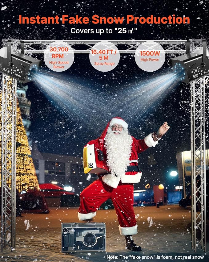 VEVOR 1500W Snow Machine with RGB DMX512 Signal Control, 9 LED Lights, Wireless Remote, High Output Snowflake Machine with 5L Tank, Portable DJ Stage Snow Maker for Christmas Parties Stage Effects