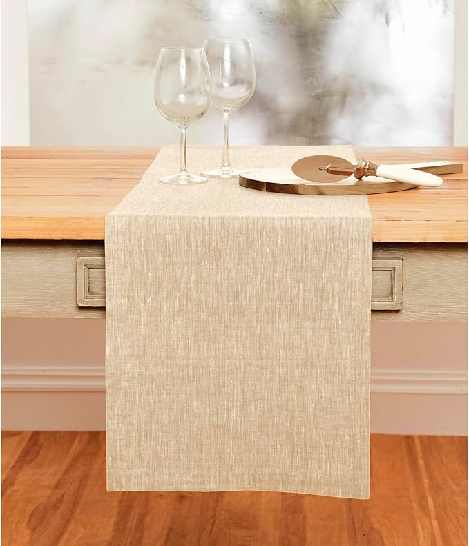 Solino Home Linen Table Runner 72 Inches Long - Athena, 100% Pure Linen Champagne Beige 14 x 72 Inch Table Runner for Dining, Spring, Summer, Mothers Day