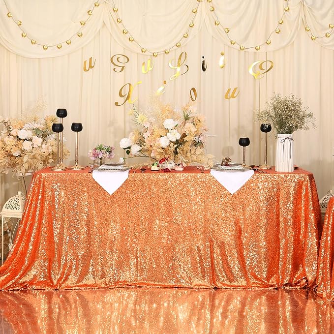 Eternal Beauty Orange Tablecloth, 90x132 Inch Sequin Rectangle Table Cover for Cake Dessert Exhibition Party Birthday Events