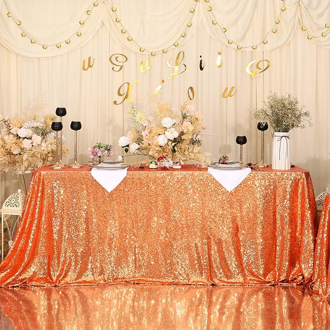 Eternal Beauty Orange Tablecloth, 90x156 Inch Sequin Rectangle Table Cover for Cake Dessert Exhibition Party Birthday Events