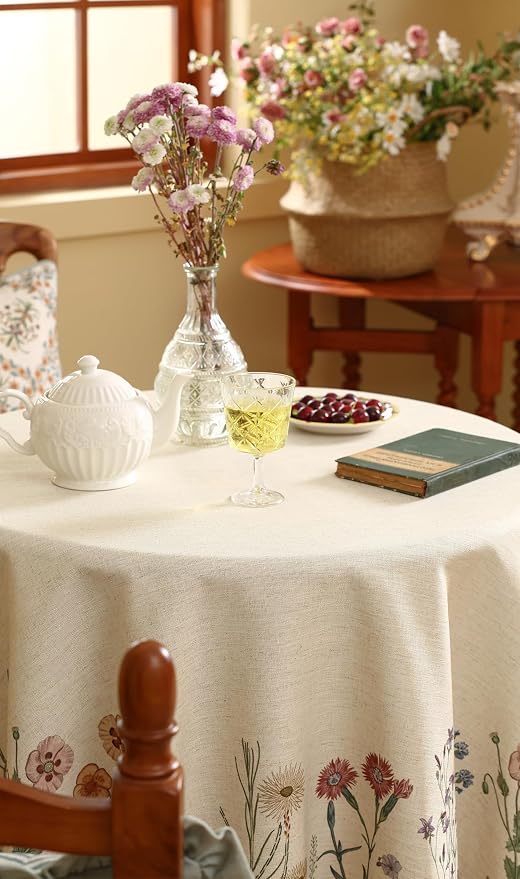ISAENNE Designer Linen Round Tablecloth,Diameter 55"-Serenity G | Vintage Elegant French Floral Durable Table Cloth,Light Beige,Decor,Heavyweight,Dining Room,Tea Party,Kitchen,Thanksgiving