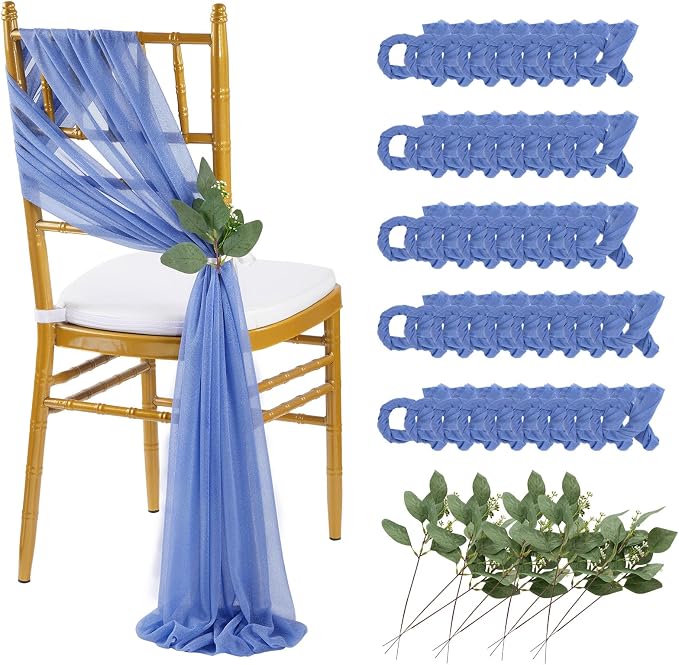 QueenDream Dusty Blue Sashes Wedding Chair Decorations: 50PCS Tulle Cover Bands Aisle Sheer Chair Bows for Birthday Party Banquet