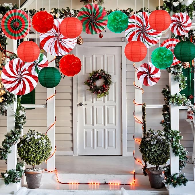 Outus Christmas Hanging Decorations Xmas Candy Paper Fans Tissue Pom Poms Colorful Paper Lanterns for Winter Holiday Party Supplies Classroom Ceiling Wall Decor