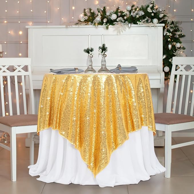 Poise3EHome Gold Sequin Tablecloth 90×90 Inch Square Sequin Fabric Table Cover Overlay for Baby Shower Birthday Party Wedding Christmas Holiday Cake Table Decoration