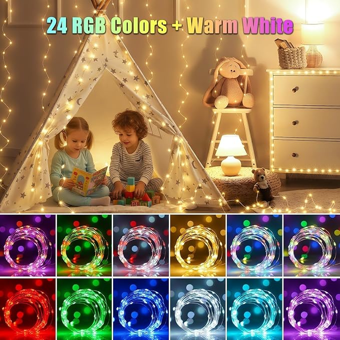 OMIKA 16.5ft 50 LEDs Battery Operated Fairy Lights, 24 Colors +Warm White USB Powered String Lights, with Remote Timer Waterproof Twinkle Lights for Room Garden Patio Indoor Outdoor Decor(150 Modes)