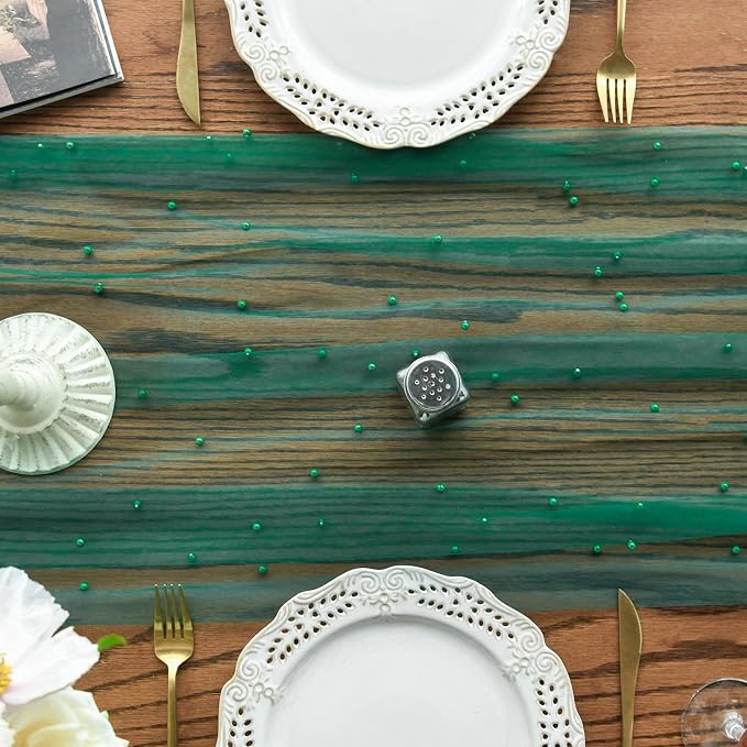 Artoid Mode 3PCS Pearl Dark Green Gauze Table Runner 120 Inch 10FT, Seasonal Sheer Dining Holiday Wedding Birthday Baby Shower Table Decor for Home Party
