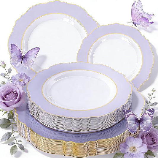 WDF 60pcs Purple Plates Disposable with Gold Rim - Baroque Light Purple Plastic Plates - Lavender Plates for Spring/Wedding/Birthday/Mother's Day