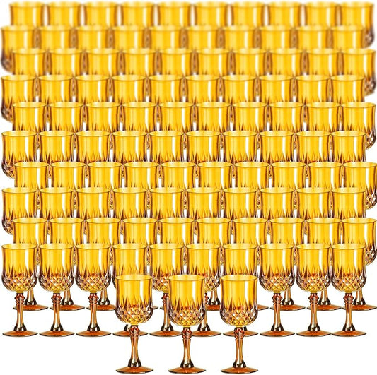 XKXKKE 100 Pcs Amber Plastic Wine Glasses, Plastic Water Goblets for Parties, Stemmed Drinking Glasses for Wedding Reception, Grand Event Party Bar Supplies Reusable Drinking Cups