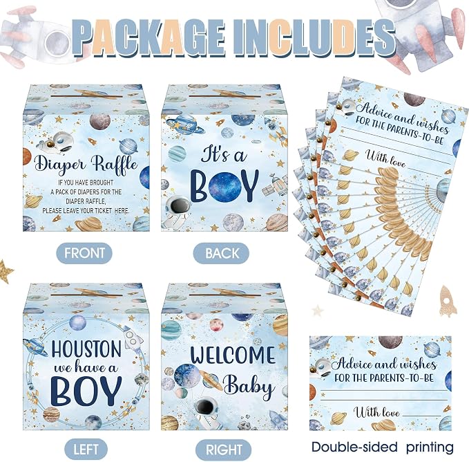 Teling 51 Pieces Diaper Raffle Tickets with Card Box Baby Shower Decorations Baby Shower Holder Box for Girl Boy Diaper Raffle Party(Outer Space)