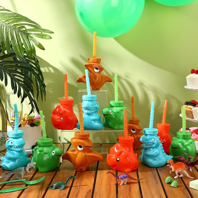Maxcheck 12 Pieces Dinosaur Cups with Straws and Lids 10oz Dinosaur Party Favor Cups Bulk Plastic Dino Theme Party Supplies Reusable for Dino Birthday Decorations Safari Jungle