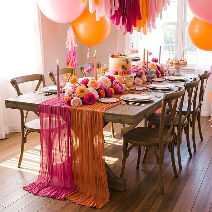 6 Pcs Pink Orange Sunset Party Decorations Table Runner Cloth Summer Boho Gauze Cheese Cloth Runner 118" Rustic Table Decor for Wedding Birthday Party Baby Bridal Shower Tequila Decor