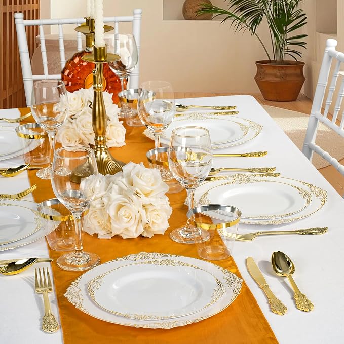 Bestluck 700PCS Gold Plastic Plates for 100 Guests, Disposable Dinnerware Sets Include 200 Gold Rim Plastic Plates, 100 Silverwares, 100 Cups, and 100 Pre Rolled Napkins for Party, Wedding, Graduation