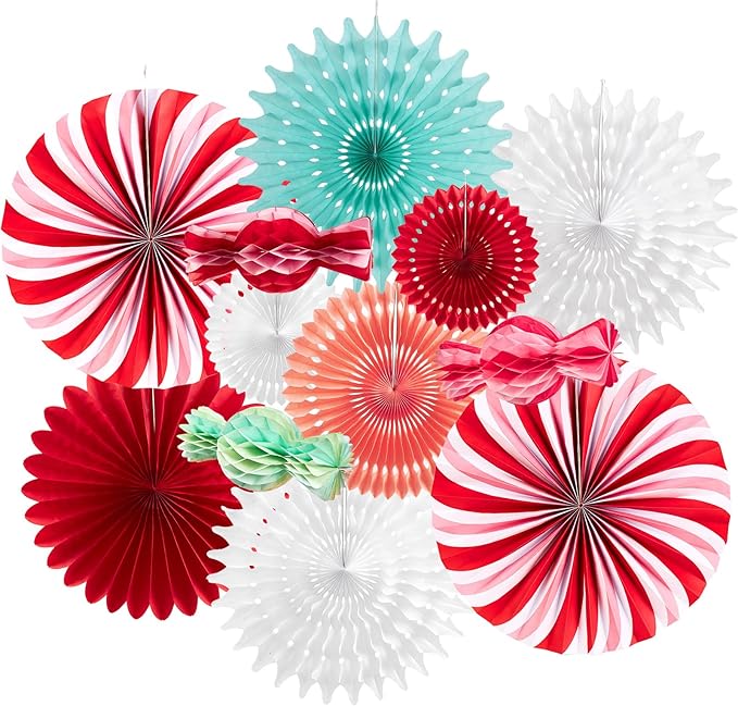 PAPER JAZZ 12pcs Candy Paper Fans Christmas Decoration,Candy Honeycomb Christmas Decorations,White and Red Xmas Decoration Wall/Ceiling for Classroom,Bulletin Board,Winterwonderland,Office Decor.