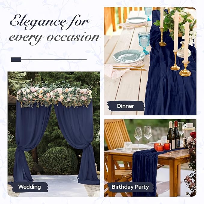 Cheesecloth Table Runner 8 Pack – 35x120 Inch (10ft) Boho Rustic Gauze Cloth Runners – Crinkle Polyester Table Decor for Wedding, Baby Shower, Bridal Shower, Birthday Party and More (Navy Blue)