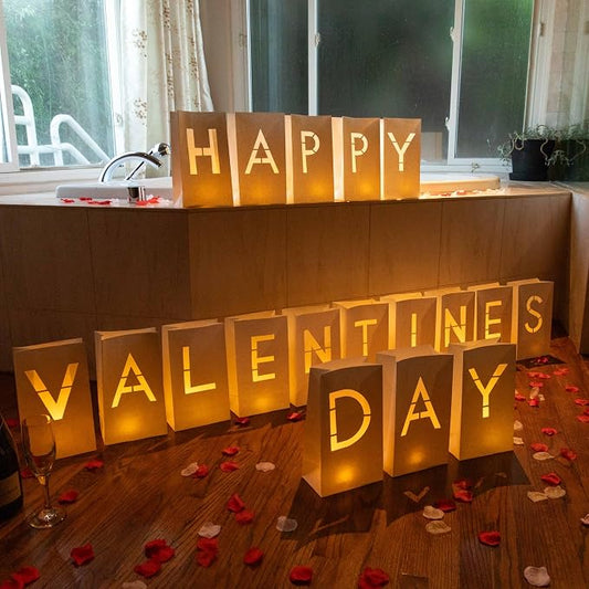 WYMM “Happy Valentine's Day” Light up Letters with Tea Lights Candles and Rose Petals Included - Luminary Paper Bags to be Used as Valentines Day Decorations for Your Loved One