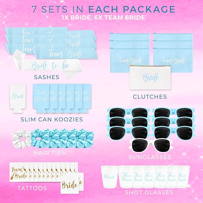 56 Piece Bachelorette Party Favors Kit – Bridesmaid Proposal Gifts & Bride-to-Be Accessories | Team Bride Decorations, Sashes, Sunglasses, Cups & More (Blue 7 Pack, 56)
