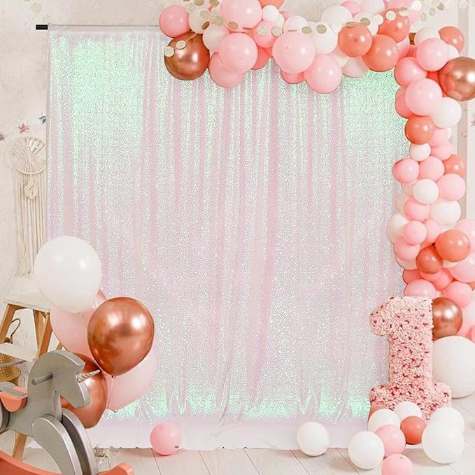 PartyDelight Iridescent White Sequin Backdrop 6x8ft 4 Inch Rod Pocket | Iridescent white 3mm sequins show pink and purple tones under light on mesh backing for photos arches stages and party walls
