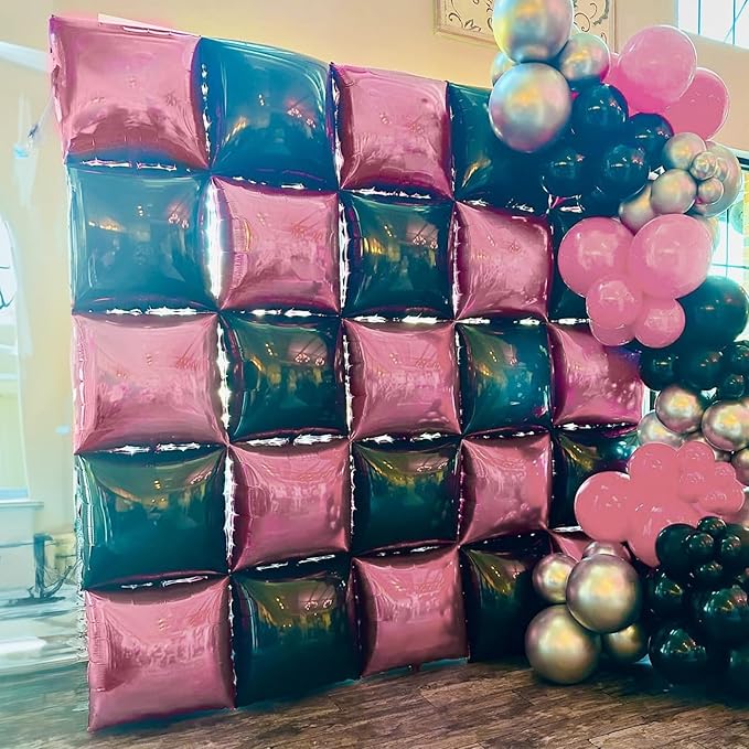 32PCS Pink and Black Square Foil Balloons, Double Sided Light Pink and Metallic Black Square Balloon Backdrop Wall with Star Foil Balloons Flat Tunnel Background for Girls Queen Birthdays Bachelorette