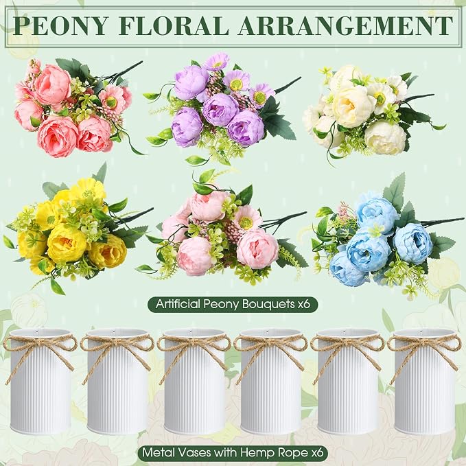 Wavwavw 6 Pcs Floral Table Centerpieces Artificial Peonies Flower with Vase Purple Pink Blue Yellow Fake Flower Bouquet Pastel Floral Arrangement Spring Summer Decorations for Wedding Home Table Party