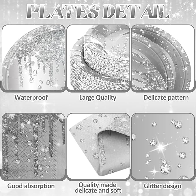 Funnymoom 452 Pcs Silver Birthday Party Decorations Include Diamonds Silver Glitter Paper Plates and Napkins Cups Tablecloth Cutlery Straws Disposable Tableware Set for Birthday Supplies