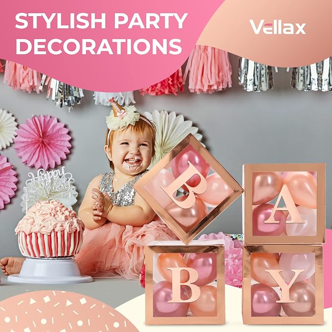 44-Piece Baby Shower Decorations for Boy or Girl - 4 Boxes with Letters and 32 Balloons - Elegant Rose Gold - Gender Reveal Party Supplies - Photo Shoot Backdrop and Nursery Décor