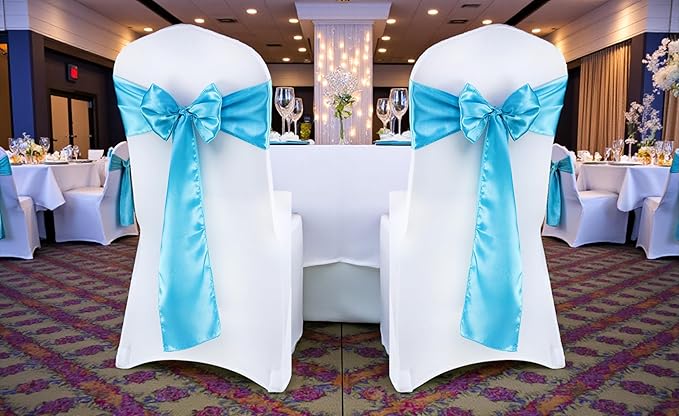 MDS Satin Chair Sashes, 125 Pack, 7”x108” Each, Decorative Chair Bows Ribbon Tie Backs for Wedding Party, Holiday Dinner, Birthday, Reception, Banquet, Hotel & Event Decoration - Turquoise