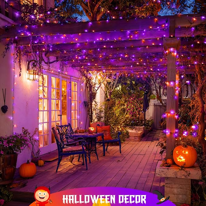 JMEXSUSS 2 Pack Solar String Lights Outdoor Waterproof, Total 66 FT 200 LED Solar Christmas Lights Outdoor, Twinkle Light for Christmas Tree Outside Garden Yard Xmas Decor, Orange and Purple