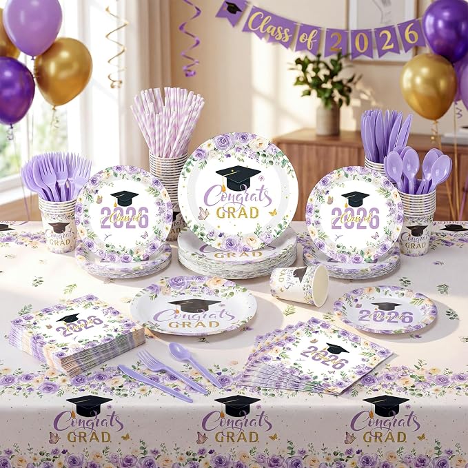Funnymoom 452 Pcs Purple Floral Graduation Decoration Girl for 50 Guests, Class of 2026 Floral Graduation Paper Plates Napkins Cups Tablecloth Cutlery Straws for 2026 Congrats Grad Party Supplies