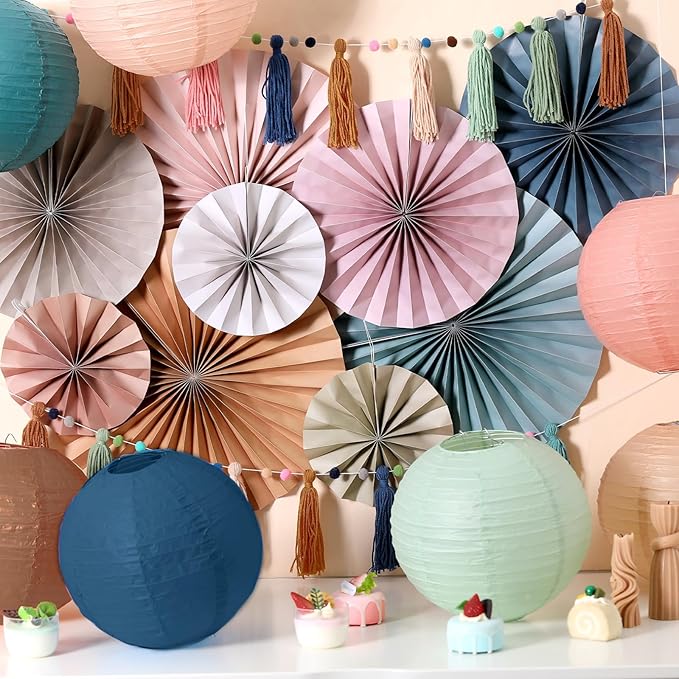 Feifeiya Boho Party Decoration 20 Pcs Hanging Paper Fans Paper Lanterns Tassel Garlands Set Back to School Wall Hanging Fans for Classroom Decor Birthday Baby Shower Wedding