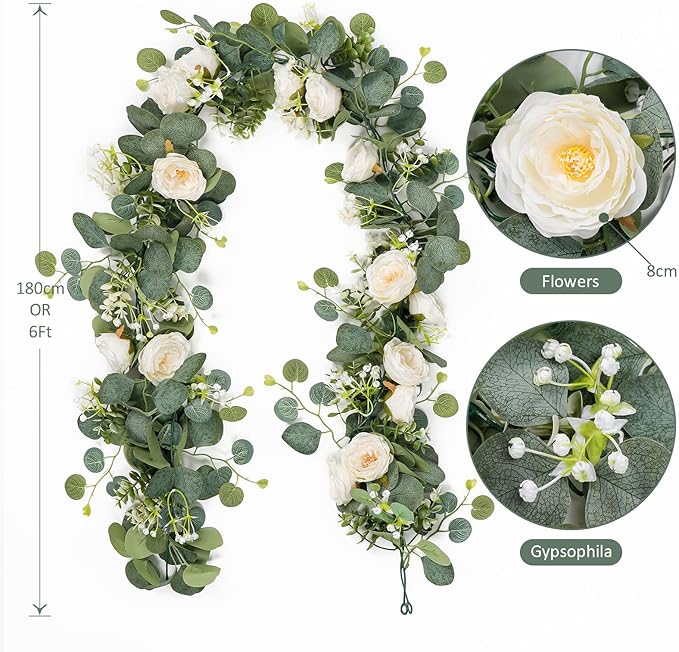 TOCHGREEN 4 Pack Artificial Eucalyptus Flower Garland with White Roses, Fake Rose Flower Greenery Garland Floral Vines for Wedding Home Party Table Runner Decor (4PCS, White)