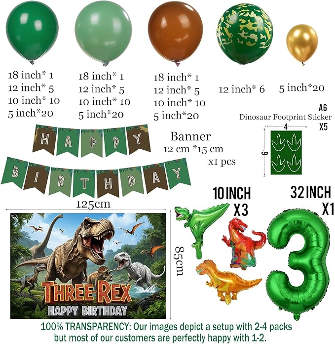 T-Rex Dinosaur Birthday Decorations include Hunter Green Brown Gold balloon arch & small Dino Foil balloons & banner backdrop & footprint stickers for Kids Boys Jungle Safari Dino 3rd Party Supplies