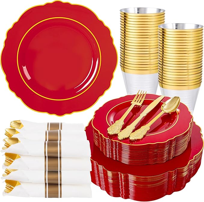 Liacere 175PCS Red Plastic Plates - Red Disposable Plates With Gold Rim -25Guest Baroque Plastic Dinnerware include 50Plates-25Pack Pre Rolled Napkins with Silverware 25Cups for Wedding & Mothers Day