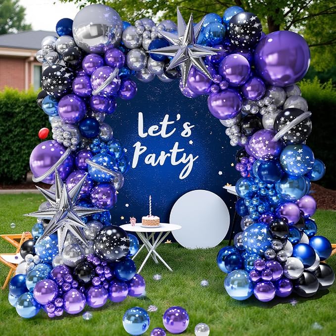 Galaxy Balloons Arch Kit – Outer Space Party Decorations with Metallic Blue, Purple, Silver, Navy & Star Balloons for Galaxy Theme Birthday, Baby Shower, Graduation, Prom Decorations