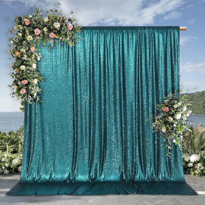 PartyDelight Teal Sequin Backdrop 10x10ft 4 Inch Rod Pocket | Dense 3mm sequins on mesh backing with 4 inch rod pocket for large wedding walls group photos stages and reception displays