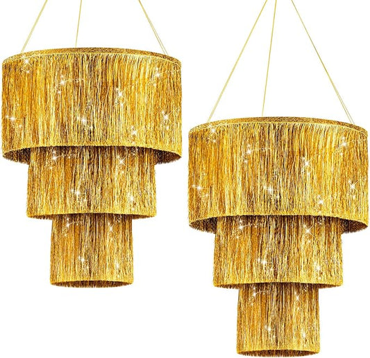 Rossesay 2 Piece Gold 3 Tier Fringe Tinsel Chandelier Fringe Chandelier Decoration Birthday Bachelorette Party Decoration Iridescent Foil Shimmering for Wedding Home
