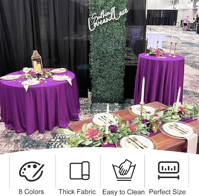 4 Pack Round Tablecloth 90 Inch Purple Polyester Washable Fabric Table Covers for Wedding Dining Table Buffet Parties Banquet Decor