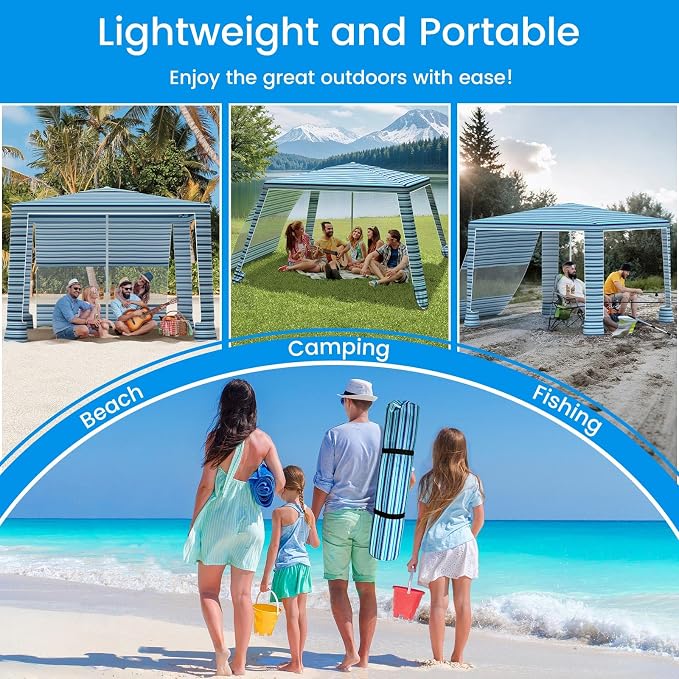 MoKo Beach Cabana, 8'×8' Large Beach Canopy with Side Wall, UPF 50+ Protection Easy Setup Beach Tent Sun Shelter, Adjustable Height Wind Resistant Cabana Beach Tent for Whole Family, Blue-Green Stripe