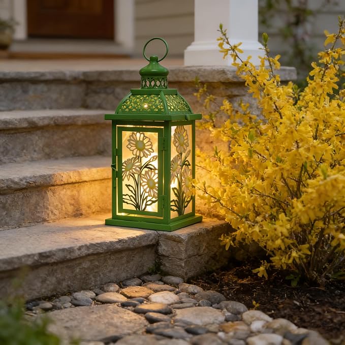 Spring Decorations for Home, 14.4" Decorative Daisy Green Lantern with 61" LED Lights(No Battery) for Home Indoor Outdoor Decor, Hanging Metal Candle Holders for Spring St.Patrick’s Day Gift